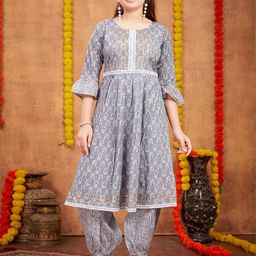 Muhuratam Girls Grey Pure Cotton Kurta Sets-image-72
