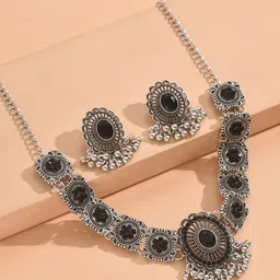 Peora Oxidized Silver-Plated Stone Studded Floral Choker Necklace & Earrings Jewellery Set-picture-10