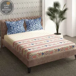Portico Red & Blue Floral 164 TC Bedsheet with 2 Pillow Covers-image-18