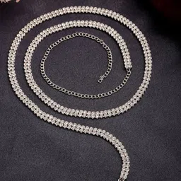 NVR Silver-Plated Cubic Zirconia Studded Waist Chain Saree Accessories-56