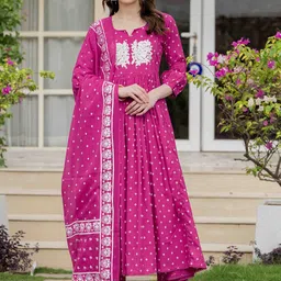 Mizaz Women Floral Printed Anarkali Thread Work Kurta with Trousers & With Dupatta-image-54