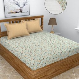 BREVARD White & Beige Printed Fitted 210 TC King Bedsheet with 2 Pillow Covers 2.7m x2.7m-image-87