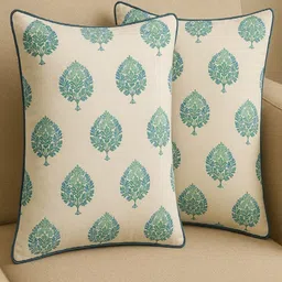 RRC Turquoise Blue & White 2 Pieces Floral Printed Pure Cotton Rectangle Cushion Covers-image-31