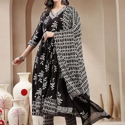 Stylum Floral Printed Pure Cotton V-Neck Anarkali Kurta With Trousers & Dupatta-image-37