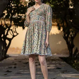 BAESD Women Pure Cotton Ethnic Motifs Printed Puff Sleeves Fit & Flare Dress-image-99