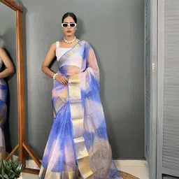 FLOURIOUS Ombre Zari Organza Saree With Unstitched Blouse Piece-image-62