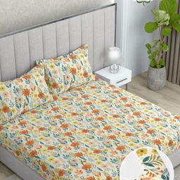 Pure Decor White & Orange Floral 130 TC King Bedsheet with 2 Pillow Covers-picture-10