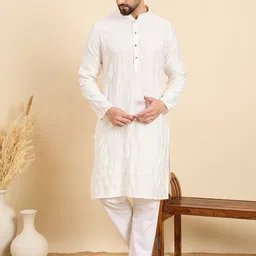 HERE&NOW Geometric Embroidered Thread Work Mandarin Collar Straight Kurta-image-47