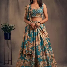 MISS CLOTHING Embroidered Thread Work Kalamkari Organza Ready to Wear Lehenga Choli-picture-47