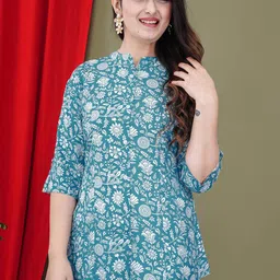 FebQ Women Ethnic Motifs Print Mandarin Collar Roll-Up Sleeves Shirt Style Top-picture-43