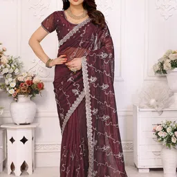 The Textile Hub Floral Embroidered Pure Chiffon Saree-picture-21