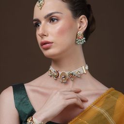 DUGRISTYLE Gold-Plated Kundan Studded & Beads Beaded Crescent Shaped Drop Earrings-49