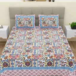 BELLA CASA White & Blue Ethnic Motifs 180 TC King Bedsheet with 2 Pillow Covers-picture-45