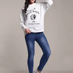 iki chic Women Typography Printed Round Neck Pullover Ribbed Sweatshirt-picture-11