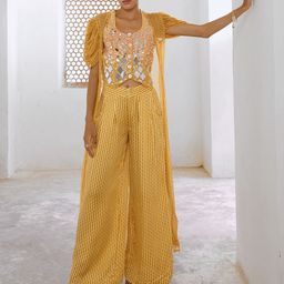 Pallavi Jaipur Embroidered Scoop Neck Top With Palazzo & Shrug-picture-14