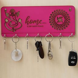 Webelkart Pink & Yellow Home Is our Happy Place Wooden Key Holder-image-76