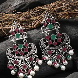 Sangria Silver-Plated Artificial Stones Studded & Pearls Beaded Classic Drop Earrings-13