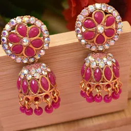 MEIRA JEWELLERY Artificial Stones Studded & Beaded Dome Shaped Jhumkas-picture-28
