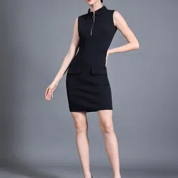 Chemistry Women Collared Sleeveless Polyester Solid Bodycon Knee-Long Work wear Dress-image-44