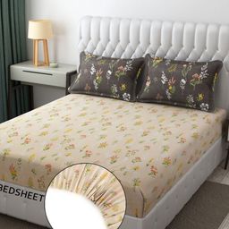 KIDS WONDERS Coffee Brown Floral Microfiber 300 TC Fitted King Bedsheet Set-2.74mx2.74m-image-34