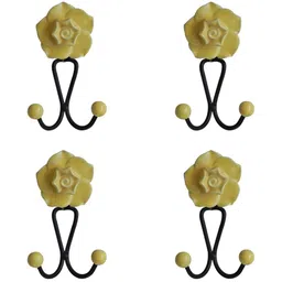 IndianShelf Yellow & Brown 4 Pieces Ceramic Flower Wall Hooks-picture-3