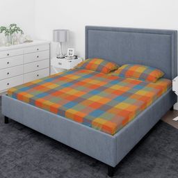 THE CONVERSION Orange & Blue Checked Pure Cotton 210 TC King Bedsheet Set-2.28 m x 2.40 m-12