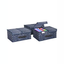 Aura Navy Blue & White 3 Pieces Flower Printed Double Lid Small Drawer Organisers-25