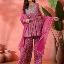 Sangria Pink Floral Embroidered Sleeveless Anarkali Kurti With Sharara And Dupatta-23