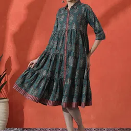 Sangria Floral Printed Pure Cotton A-Line Ethnic Dress-image-19