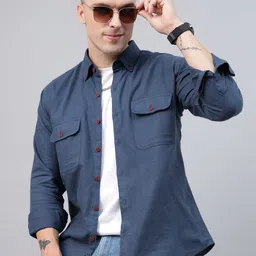 Hancock Men Button-Down Collar Solid Cotton Slim Fit Casual Shirt-image-41