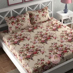 CHHAVI INDIA Beige & Red Printed Microfiber 210 TC Queen Bedsheet Set-1.83 m x 1.98 m-16