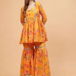 Frolic Rolic Women Floral Printed Empire Mirror Work Kurti with Sharara-picture-21