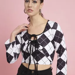 VANGULL Women Checked Tie-Up Neck Monochrome Crop Top-picture-29