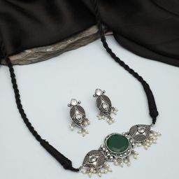VIVAZS Stone Studded & Beaded Oxidized Jewellery Set-image-3