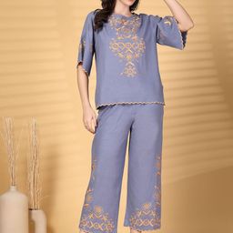 Gipsy Embroidered Round Neck Top With Trousers Co-Ords-image-71