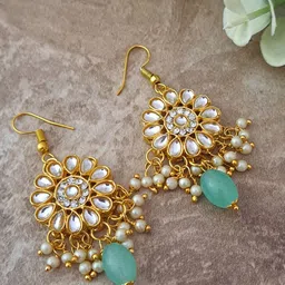 MERYCRAFT Gold Plated Kundan Stones Studded & Beaded Floral Drop Earrings-18