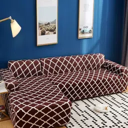 GIFTS ISLAND Brown & White 2 Pcs Printed L Shaped 6 Seater Sofa Cover With Arms-22