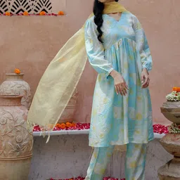 Sangria Blue And Green Floral Printed V-Neck Empire Anarkali Kurta With Trousers & Dupatta-image-39