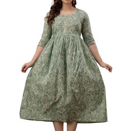 ANUOM Floral Printed Gathered or Pleated Round Neck Midi Fit & Flare Dress-image-71