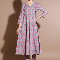 Anouk Floral Printed Angrakha Beads & Stones Pure Cotton Anarkali Kurta with Trousers-picture-18