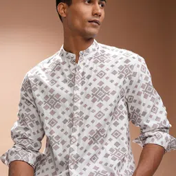 HIGHLANDER Men Comfort Relaxed Fit Band Collar Geometric Printed Cotton Casual Shirt-image-64