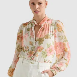 Forever New Floral Print Mandarin Collar Bishop Sleeves Chiffon Top-image-46