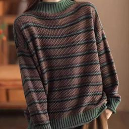 HERE&NOW Women Brown Striped Relaxed Fit Pullover Sweater-picture-35