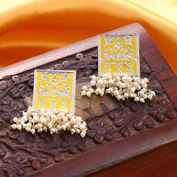 SOHI Gold-Plated Square Shaped Pearls Beaded The Niloufar Drop Earrings-7