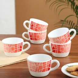 Larah by BOROSIL White & Red 6 Pieces Printed Opalware Glossy Cups - 140 ml Each image 2