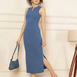 Selvia Women Polyester Solid Mandarin Collar Bodycon Maxi Dress-image-25