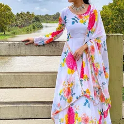 Femvy Women Floral Printed Gown Ethnic Dress With Dupatta-image-99