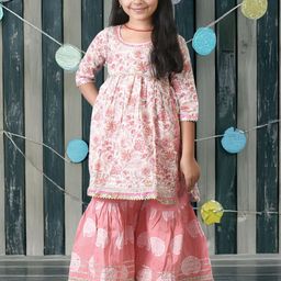 Kids On Board Girls Floral Printed Pure Cotton A-Line Kurta With Sharara-17