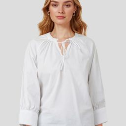 Mast & Harbour Tie-Up Neck Gathered Detail Cotton Shirt-Style Top-image-95