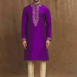Arihant Rai Sinha Men Embroidered Thread Work Pure Silk Kurta with Churidar Kurta Sets-image-56
